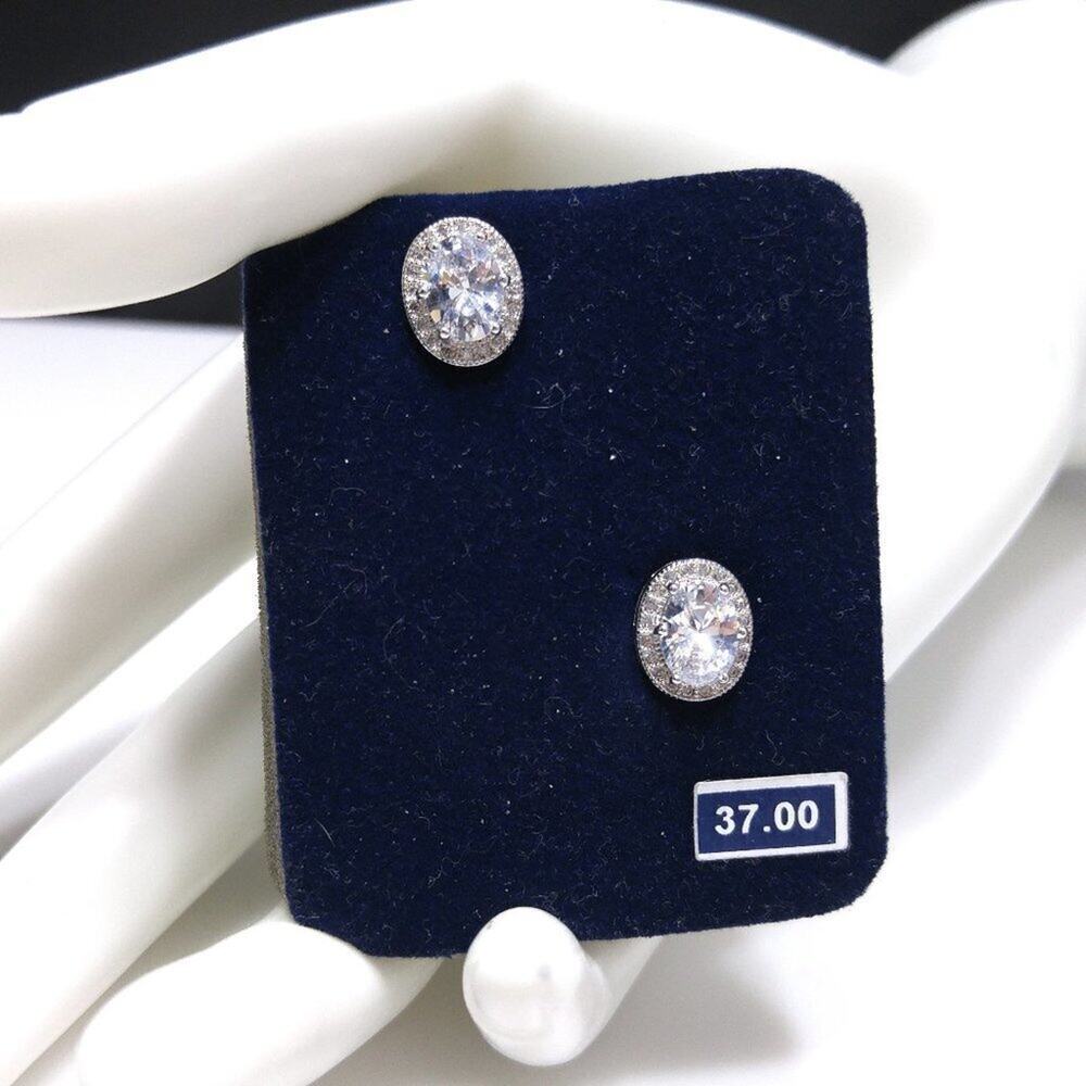 CZ Clear Rhinestone Post Oval Earrings, Silver Tone, New on Card, 1/2 Inch
